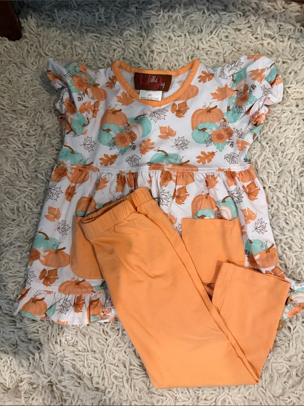 Orange Pumpkin Print Girls Matching Set